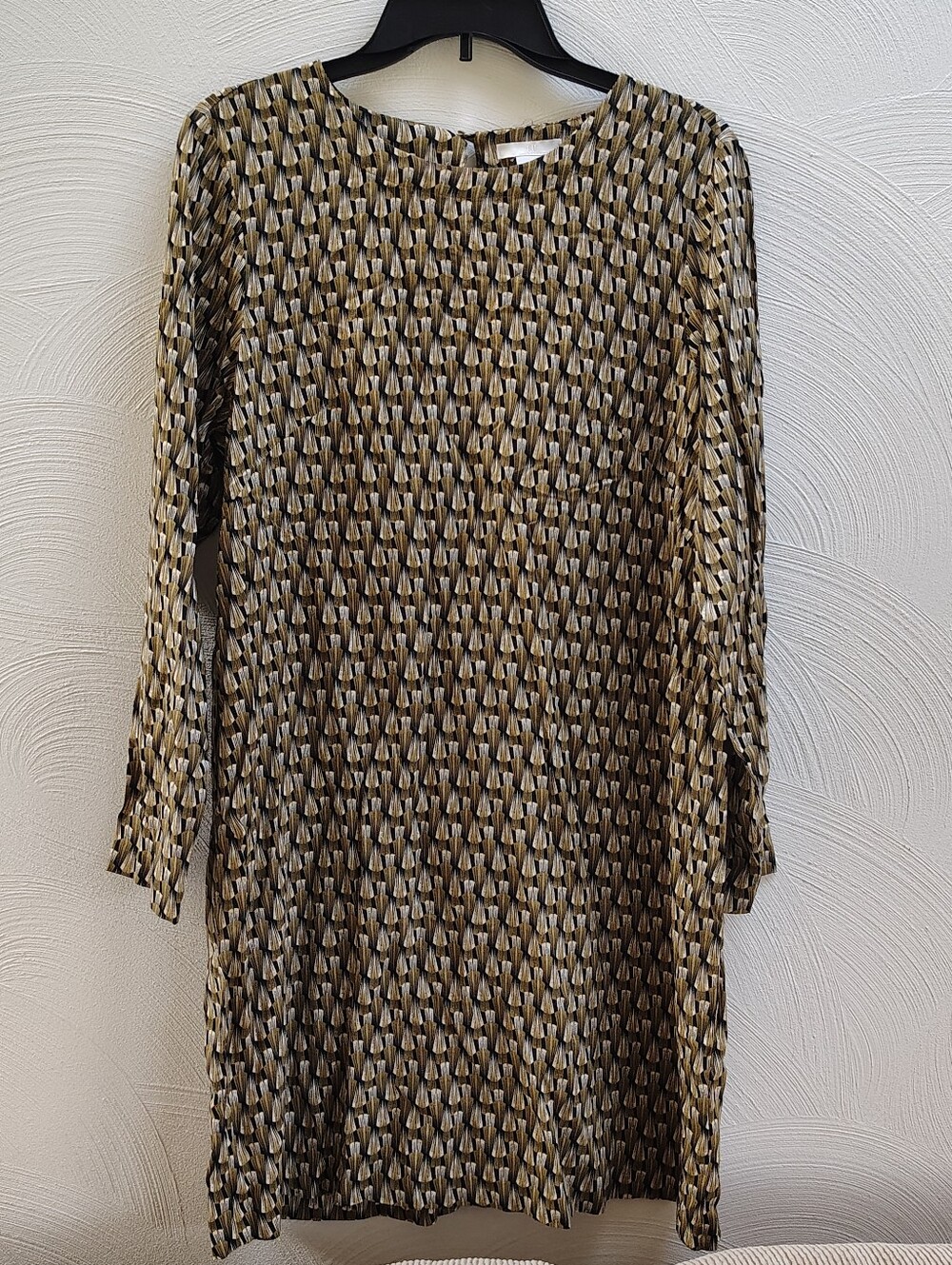 H&M Tunic Dress Women's Geometric Pattern Fall Gold Olive Green Open Back 12